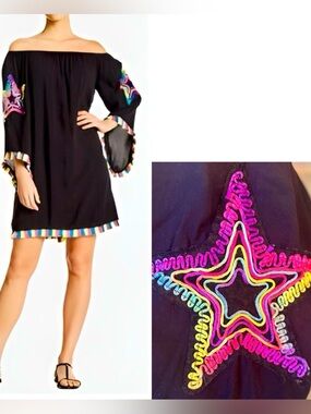 LA MODA Off-The-Shoulder Neon Star Fringe Swim Coverup Boho Festival Dress